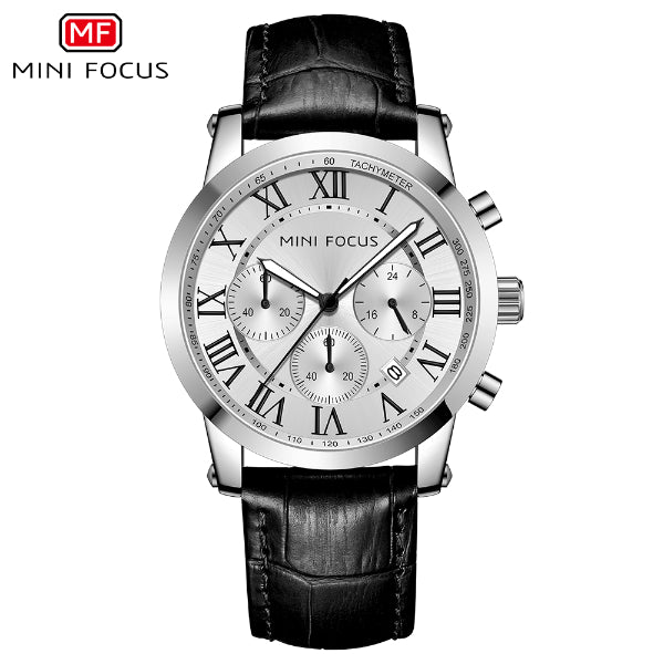 Mini Focus Black Leather Strap Silver Dial Chronograph Quartz Watch for Gents - MF0415G-01