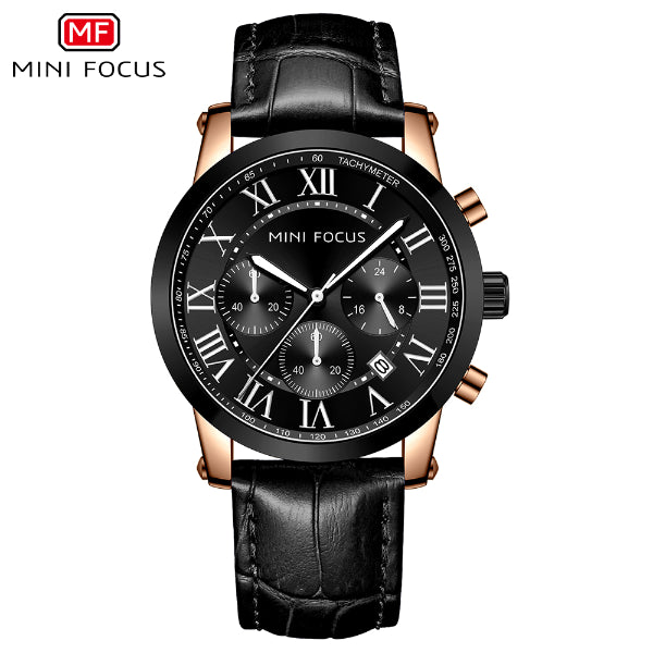 Mini Focus Black Leather Strap Black Dial Chronograph Quartz Watch for Gents - MF0415G-04
