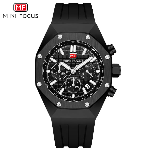 Mini Focus Black Silicone Strap Strap Black Dial Chronograph Quartz Watch for Gents - MF0417G-04
