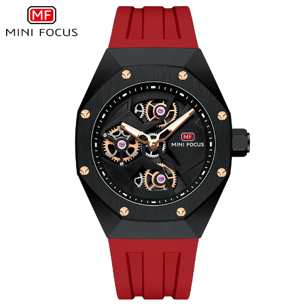 Mini Focus Red Silicone Strap Strap Black Dial Quartz Watch for Gents - MF0422G-04