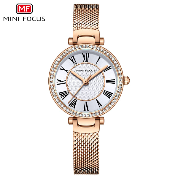 Mini Focus Rose Gold Mesh Bracelet Silver Dial Quartz Watch for Ladies - MF0424L-03