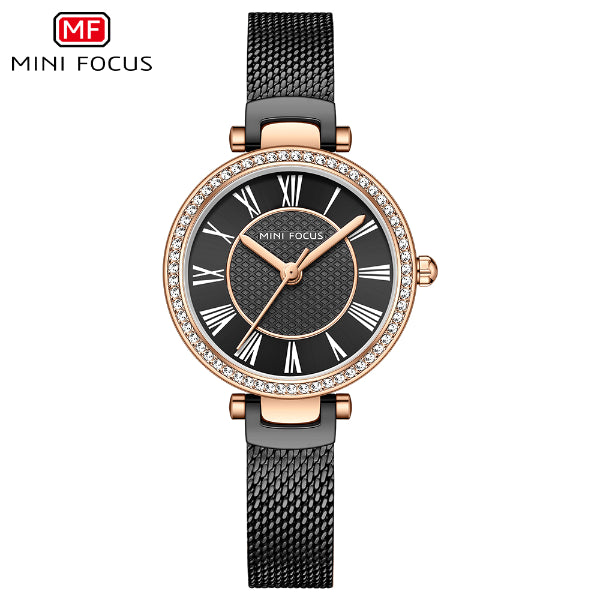 Mini Focus Black Mesh Bracelet Black Dial Quartz Watch for Ladies - MF0424L-05