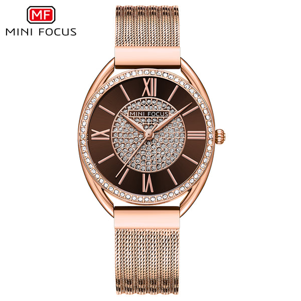 Mini Focus Rose Gold Mesh Bracelet Brown Dial Quartz Watch for Ladies - MF0425L-03