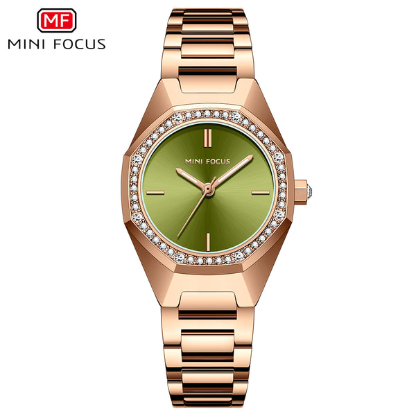 Mini Focus Rose Gold Stainless Steel Green Dial Quartz Watch for Ladies - MF0433L-04