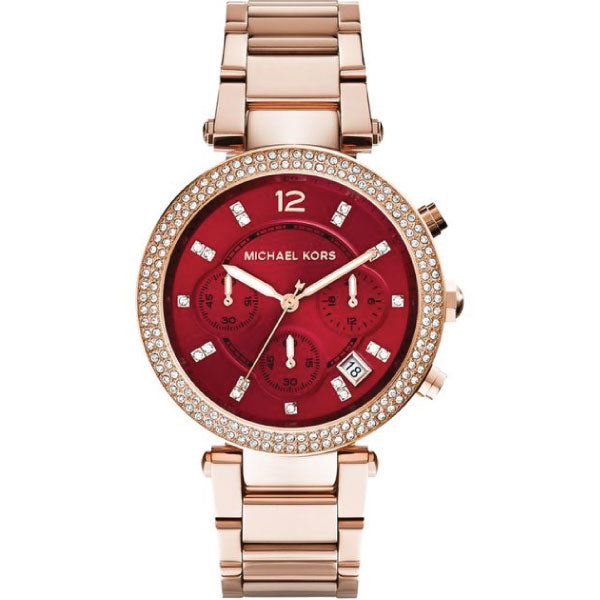 Michael Kors Parker Rose Gold Stainless Steel Red Dial Chronograph Quartz Watch for Ladies - MK-6106