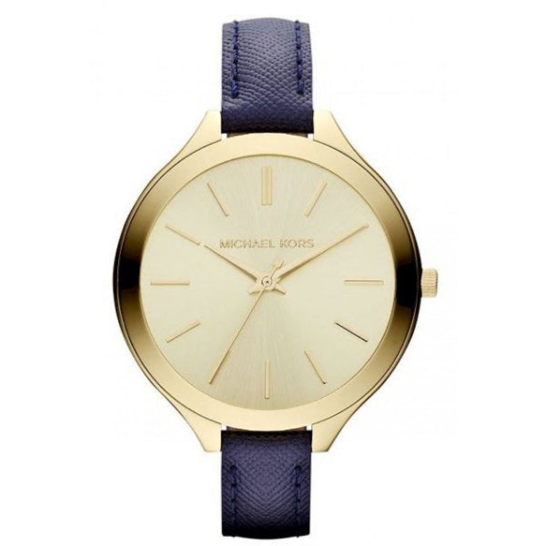 Michael Kors Runway Blue Leather Strap Gold Dial Quartz Watch for Ladies - MK-2285