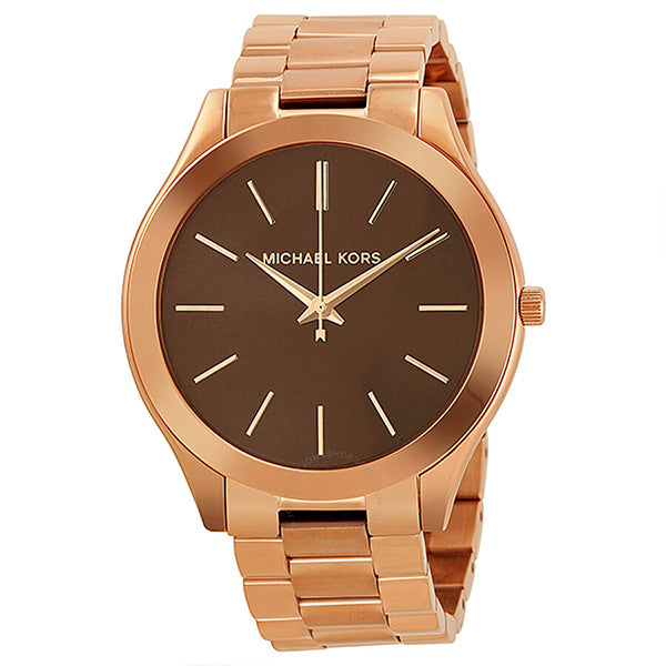 Michael Kors Slim Runway Rose Gold Stainless Steel Brown Dial Quartz Watch for Ladies - MK-3181