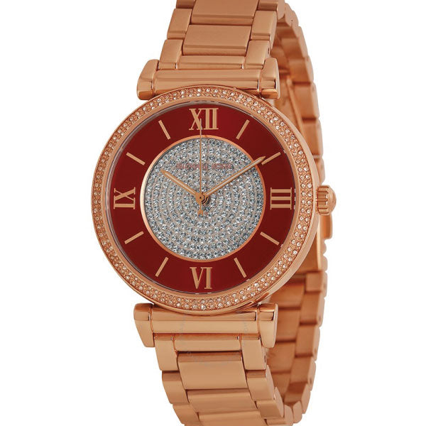 Michael Kors Catlin Rose Gold Stainless Steel Red Crystal-set Dial Quartz Watch for Ladies - MK-3377