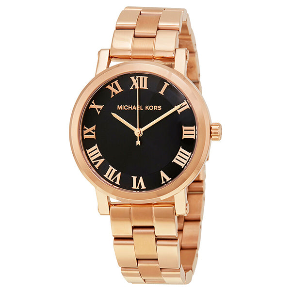 Michael Kors Norie Rose Gold Stainless Steel Black Dial Quartz Watch for Ladies - MK-3585