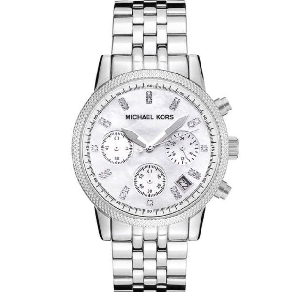 Michael Kors Jet Set Silver Stainless Steel Mother of pearl Dial Chronograph Quartz Watch for Ladies - MK-5020