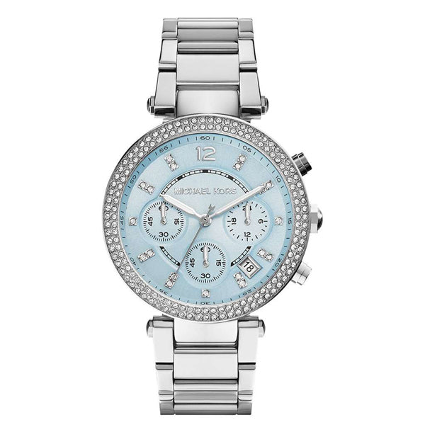 Michael Kors Parker Silver Stainless Steel Blue Dial Chronograph Quartz Watch for Ladies - MK-6104