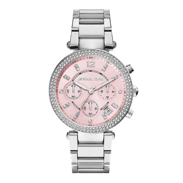 Michael Kors Parker Silver Stainless Steel Pink Dial Chronograph Quartz Watch for Ladies - MK6105