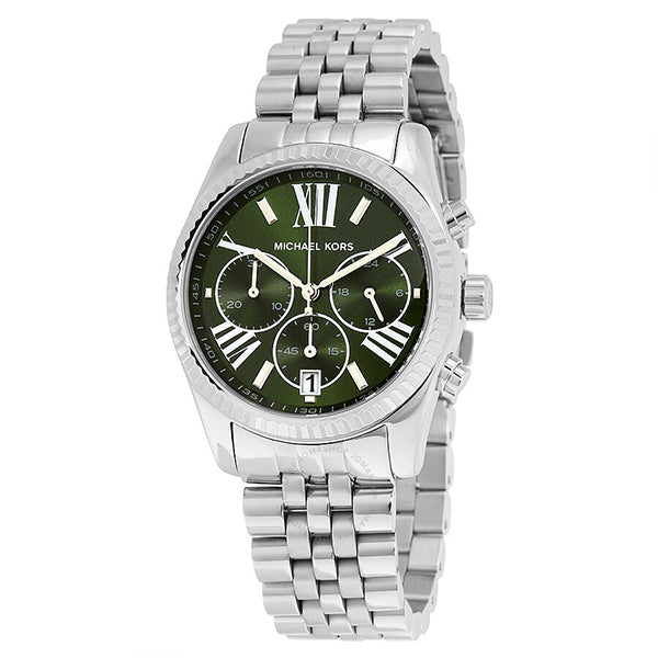 Michael Kors Lexington Silver Stainless Steel Green Dial Chronograph Quartz Watch for Ladies - MK-6222