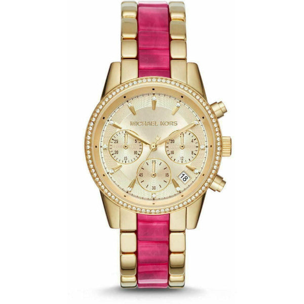 Michael Kors Ritz Two-Tone Stainless Steel Gold Dial Chronograph Quartz Watch for Ladies - MK6517