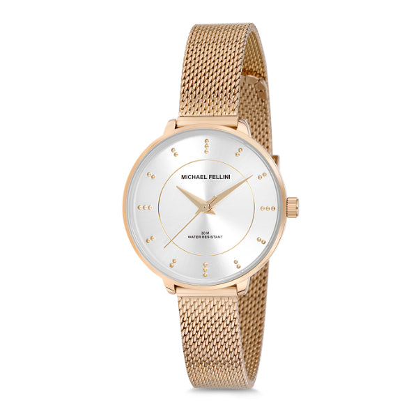 Michael Fellini Rose Gold Mesh Bracelet Silver Dial Quartz Watch for Ladies - MF2163-3