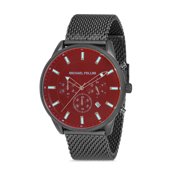 Michael Fellini Grey Mesh Bracelet Red Dial Chronograph Quartz Watch for Gents - MF2225-3