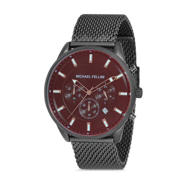 Michael Fellini Grey Mesh Bracelet Maroon Dial Chronograph Quartz Watch for Gents - MF2225-4
