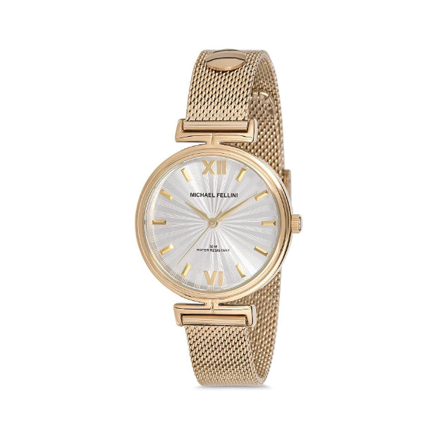 Michael Fellini Gold Mesh Bracelet Silver Dial Quartz Watch for Ladies - MF2229-2