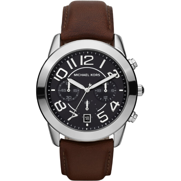 Michael Kors Mercer Brown Leather Strap Black Dial Chronograph Quartz Watch for Gents - MK-2250