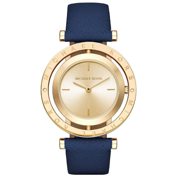 Michael Kors Averi Navy Blue Leather Strap Gold Dial Quartz Watch for Ladies - MK-2526
