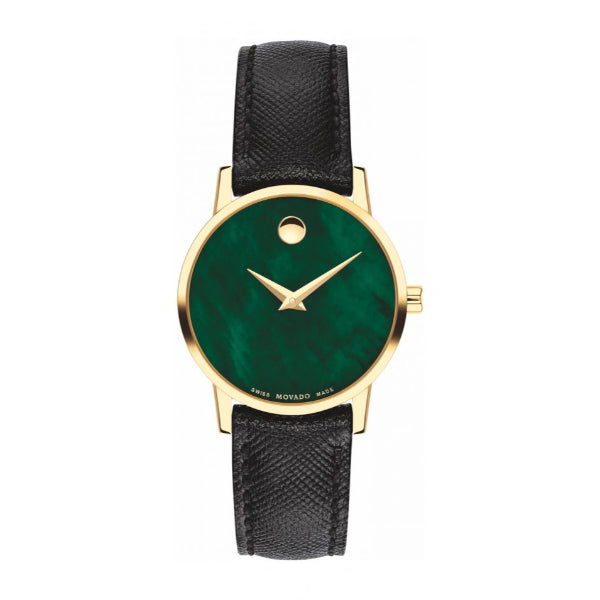 Movado Museum Black Leather Strap Green Mother of Pearl Dial Quartz Watch for Ladies - 0607423