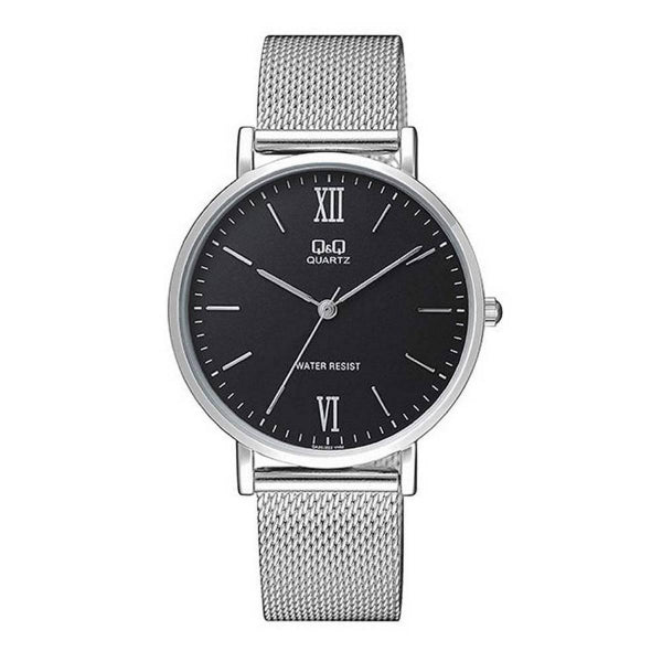 Q&Q Silver Mesh Bracelet Black Dial Quartz Watch for Gents - QA20J222