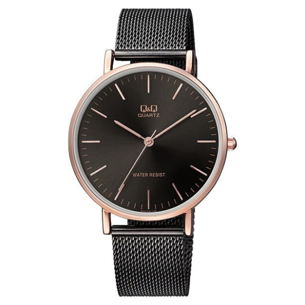 Q&Q Black Mesh Bracelet Black Dial Quartz Watch for Gents - QA20J422