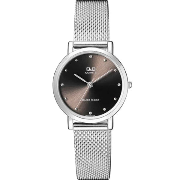 Q&Q Silver Mesh Bracelet Black Dial Quartz Watch for Ladies - QA21J222