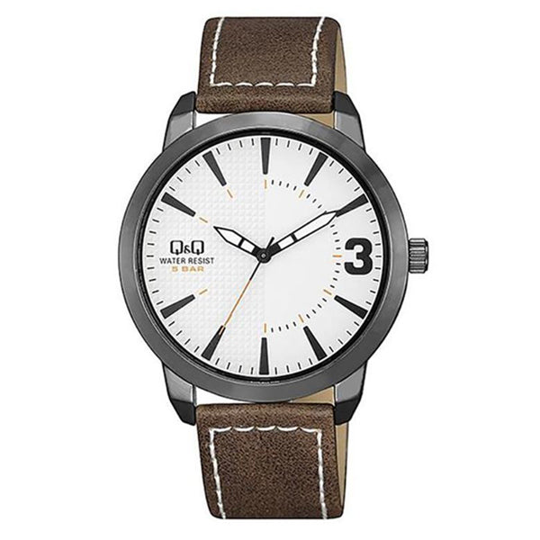 Q&Q Brown Leather Strap White Dial Quartz Watch for Gents - QA98J501