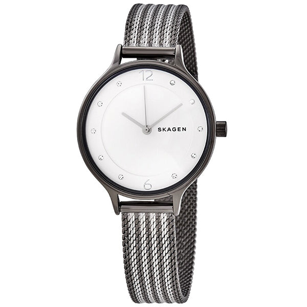 Skagen Anita Silver & Grey Mesh Bracelet White Dial Quartz Watch for Ladies- SKW-2750