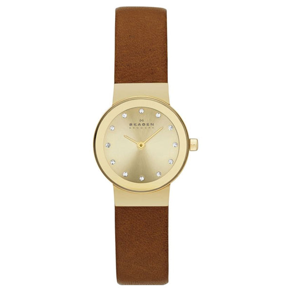 Skagen Freja Brown Leather Strap Gold Dial Quartz Watch for Ladies - SKW2175