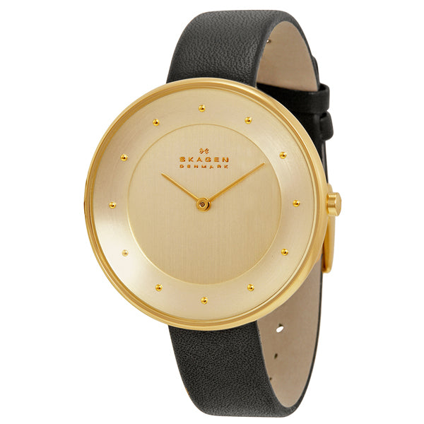 Skagen Gitte Black Leather Strap Gold Dial Quartz Watch for Ladies - SKW2262