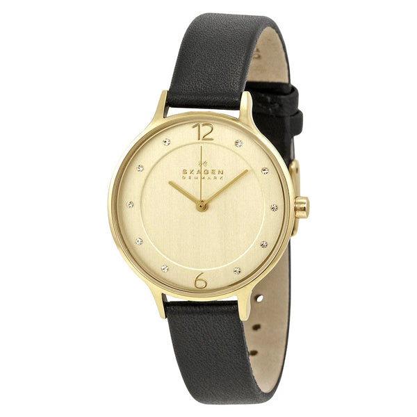 Skagen Anita Black Leather Strap Gold Dial Quartz Watch for Ladies - SKW2266