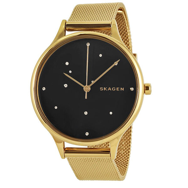 Skagen Anita Gold Mesh Bracelet Black Dial Quartz Watch for Ladies - SKW2385