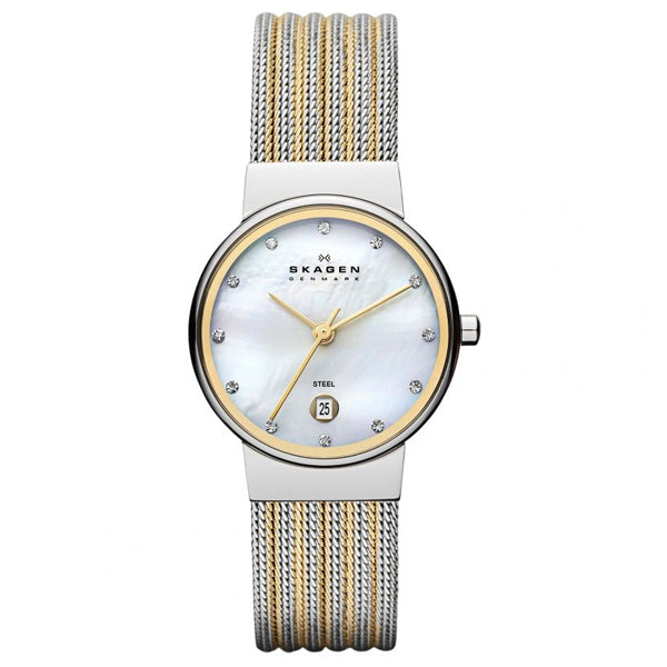 Skagen Ancher Two-tone Mesh Bracelet Mother of pearl Dial Quartz Watch for Ladies - SKW 355SSGS