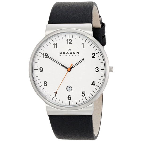 Skagen Ancher Black Leather Strap White Dial Quartz Watch for Gents - SKW6024