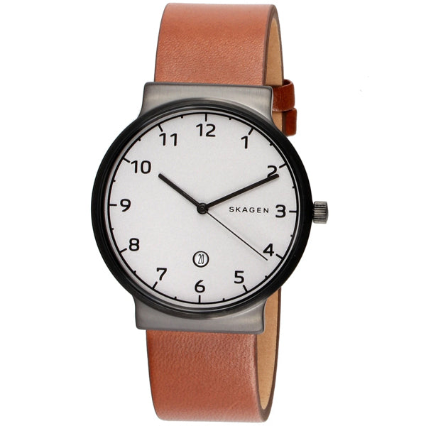 Skagen Ancher Brown Leather Strap White Dial Quartz Watch for Gents - SKW6297