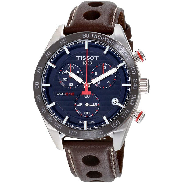 Tissot T-Sport PRS 516 Brown Leather Strap Blue Dial Chronograph Quartz Watch for Men's - T100.417.16.041.00