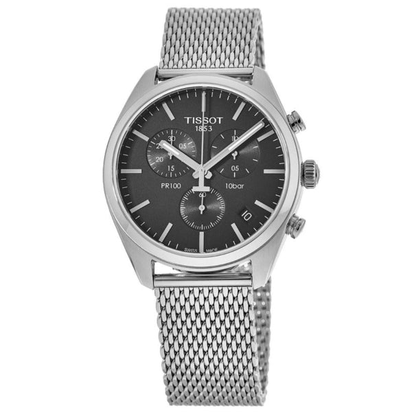 Tissot T-Classic PR 100 Silver Mesh Bracelet Black Dial Chronograph Quartz Watch for Men's - T101.417.11.051.01