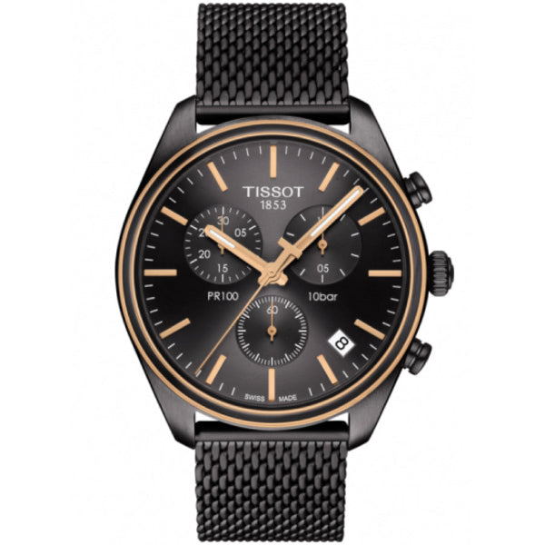 Tissot T-Classic PR 100 Black Mesh Bracelet Black Dial Chronograph Quartz Watch for Men's - T101.417.23.061.00