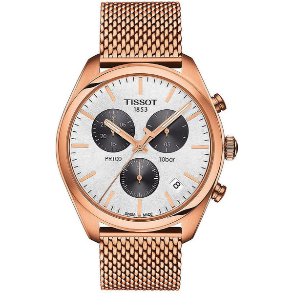 Tissot T-Classic PR 100 Rose Gold Mesh Bracelet Silver Dial Chronograph Quartz Watch for Men's - T101.417.33.031.01