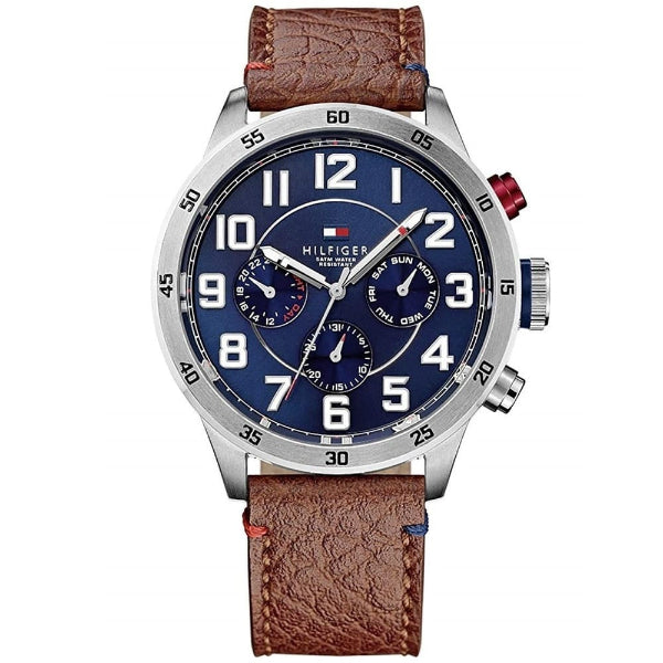 Tommy Hilfiger Trent Brown Leather Strap Blue Dial Chronograph Quartz Watch for Gents - 1791066