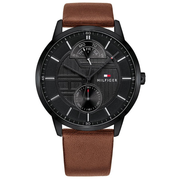 Tommy Hilfiger Hunter Brown Leather Strap Black Dial Quartz Watch for Gents - 1791604