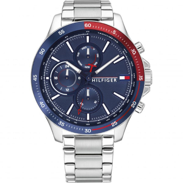 Tommy Hilfiger Bank Silver Stainless Steel Blue Dial Chronograph Quartz Watch for Gents - 1791718
