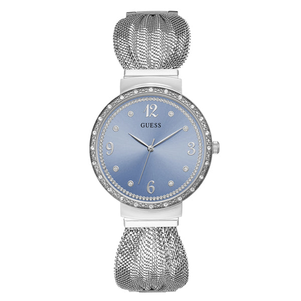 Guess Chiffon Silver Mesh Bracelet Blue Dial Quartz Watch for Ladies - U1083L4