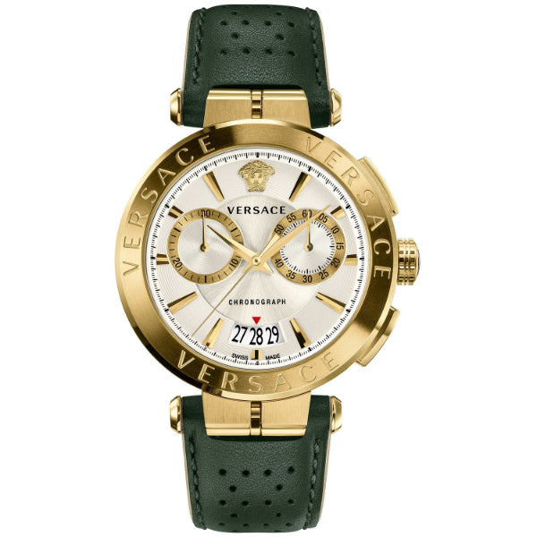 Versace Aion Green Leather Strap Silver Dial Chronograph Quartz Watch for Gents - VBR 020017