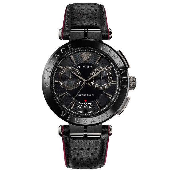 Versace Aion Black Leather Strap Black Dial Chronograph Quartz Watch for Gents - VBR 030017