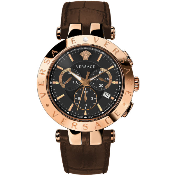 Versace V-Race Brown Leather Strap Black Dial Chronograph Quartz Watch for Gents - VERA 00320