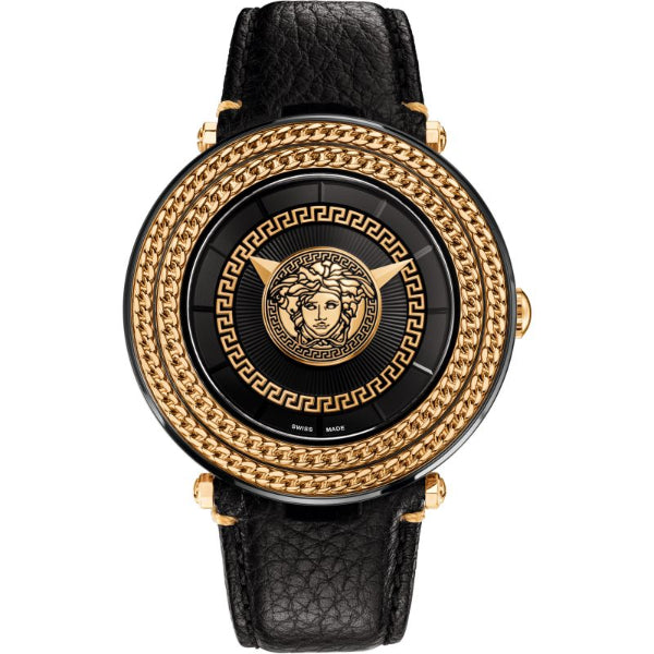 Versace V-Metal Black Leather Strap Gold Dial Quartz Watch for Gents - VQL 030015