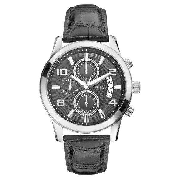 Guess Exec Black Leather Strap Black Dial Chronograph Quartz Watch for Gents - W0076G1